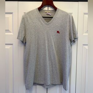 Burberry Heather Gray V-Neck Short Sleeve Tee with Dark Red Emblem
